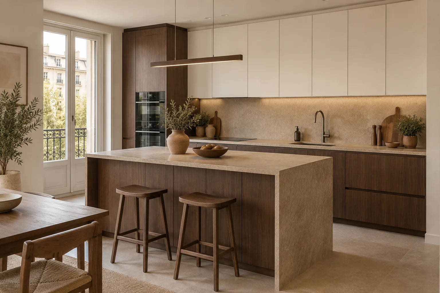 Inspiración de cocina con isla, frentes de madera y encimera clara