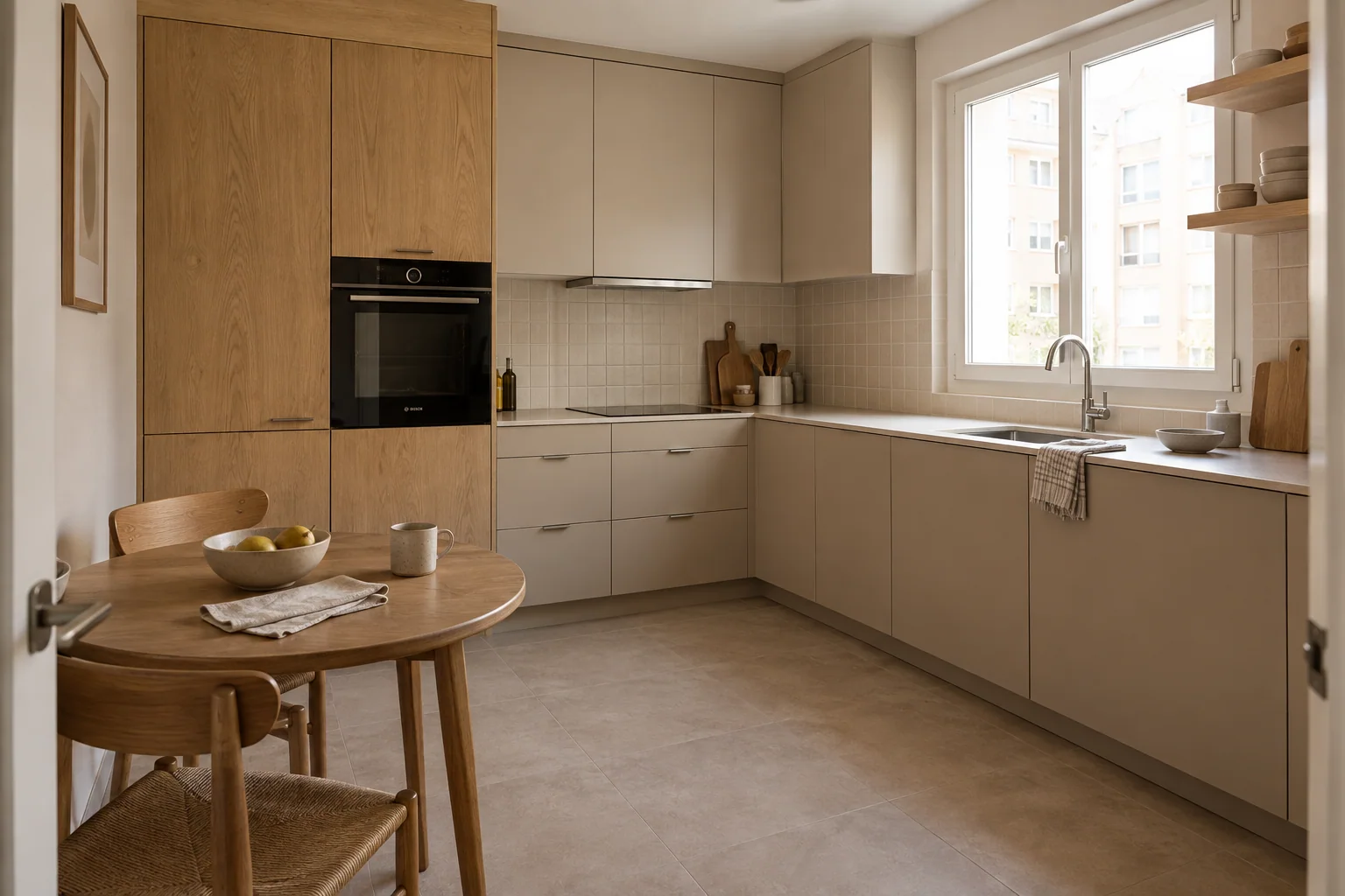 Inspiración de cocina compacta en Chamartín: muebles en L topo y roble con mesa para dos.