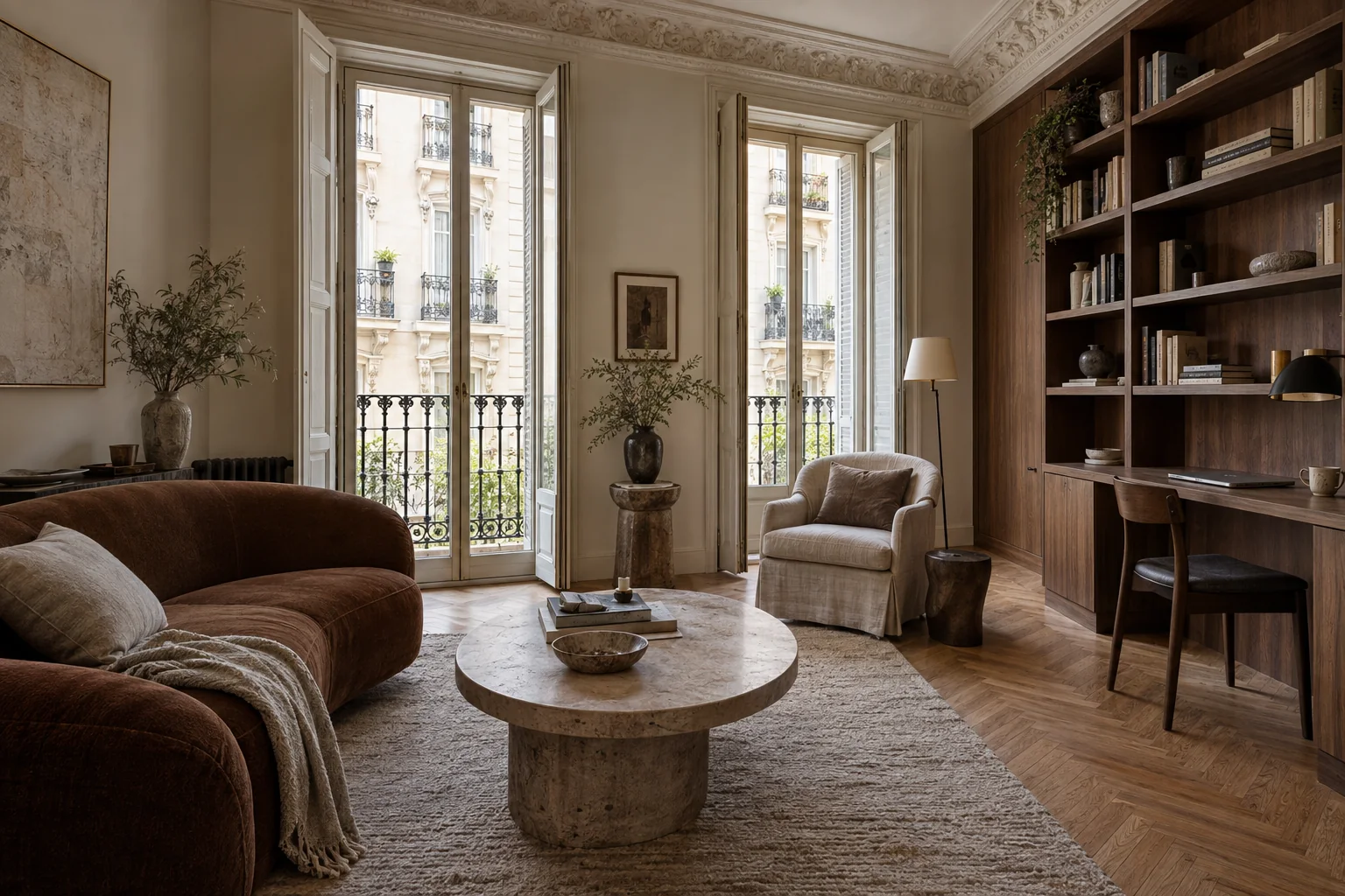 Inspiración de reforma en Chamberí: salón con molduras originales, balcones y escritorio de nogal.