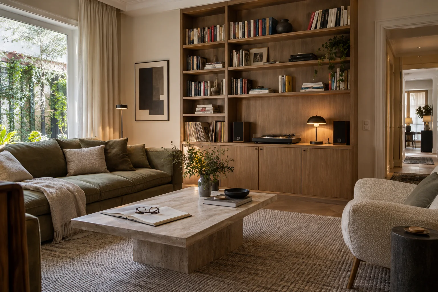 Inspiración de reforma en El Viso: salón de lectura con biblioteca, música, travertino y sofá verde oliva.